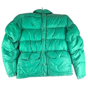 Vintage CAMP 7 Down Puffer Jacket Green Full Snap Hooded Utility Pockets Small